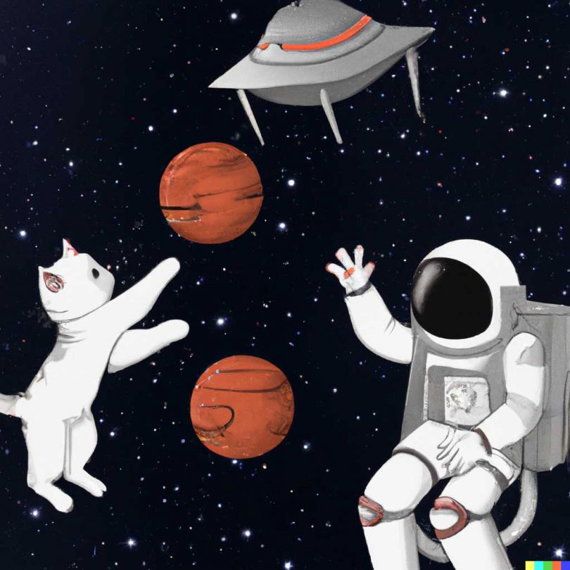 宇航员在儿童读物插图©Dall-e 2中与猫队在太空中打篮球