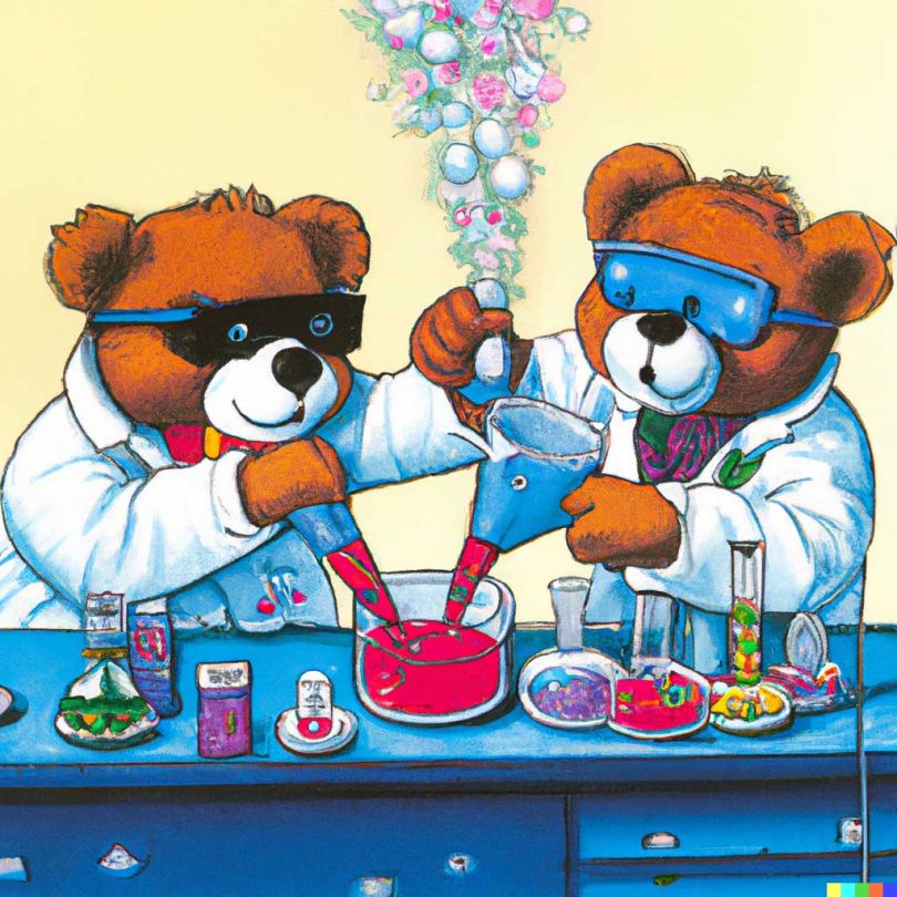 泰迪熊将起泡化学品混合成疯狂的科学家，作为1990年代星期六上午的卡通©dall-e 2