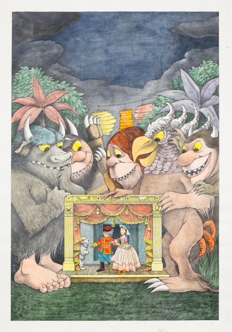 莫里斯·森达克，《野兽出没的地方》和《Higglety Pigglety Pop》的海报设计!歌剧，Glyndebourne生产，1985，纸上水彩画，33½x 23½”©莫里斯·森达克基金会