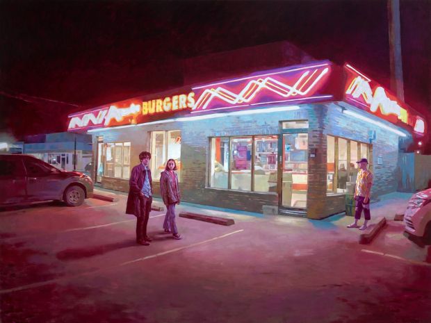 凯塔森本晃司夜爱好者了,2019年,石油在亚麻布上72 x 96。,由尼古拉斯Metivier画廊,多伦多