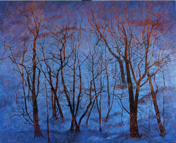 蓝雪和火热的树，2011年亚麻上的油，101.5 x 127厘米
