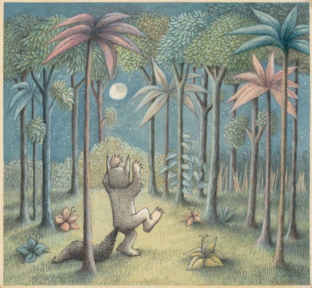 莫里斯·桑达克，《野兽在哪里》，1963年，纸上的蛋彩画，9¾x 11”©莫里斯·桑达克基金会