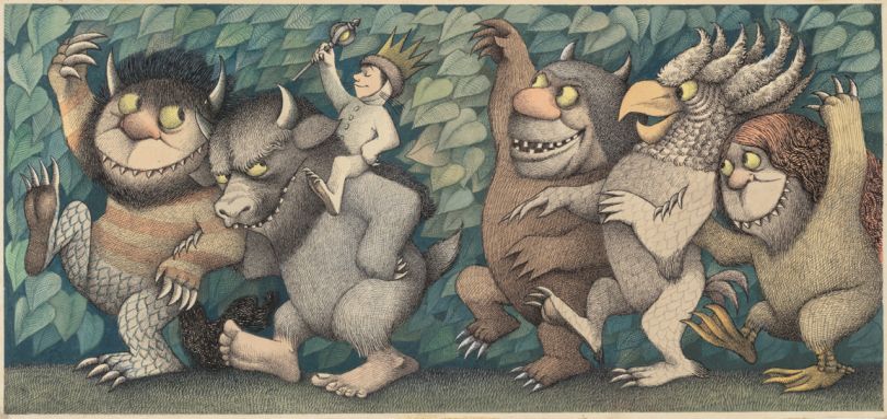莫里斯·桑达克，《野兽在哪里》，1963年，纸上的蛋彩画，9¾x 22”，©莫里斯·桑达克基金会