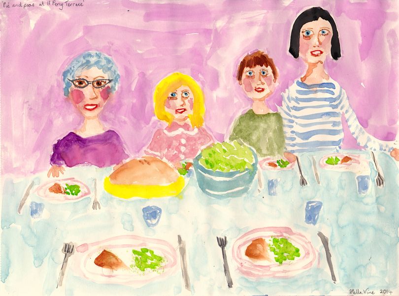 “派和豌豆在11 Percy Terrace”，(Alnwick)， 21厘米x 29.7厘米，纸上水彩画，2014©Stella Vine